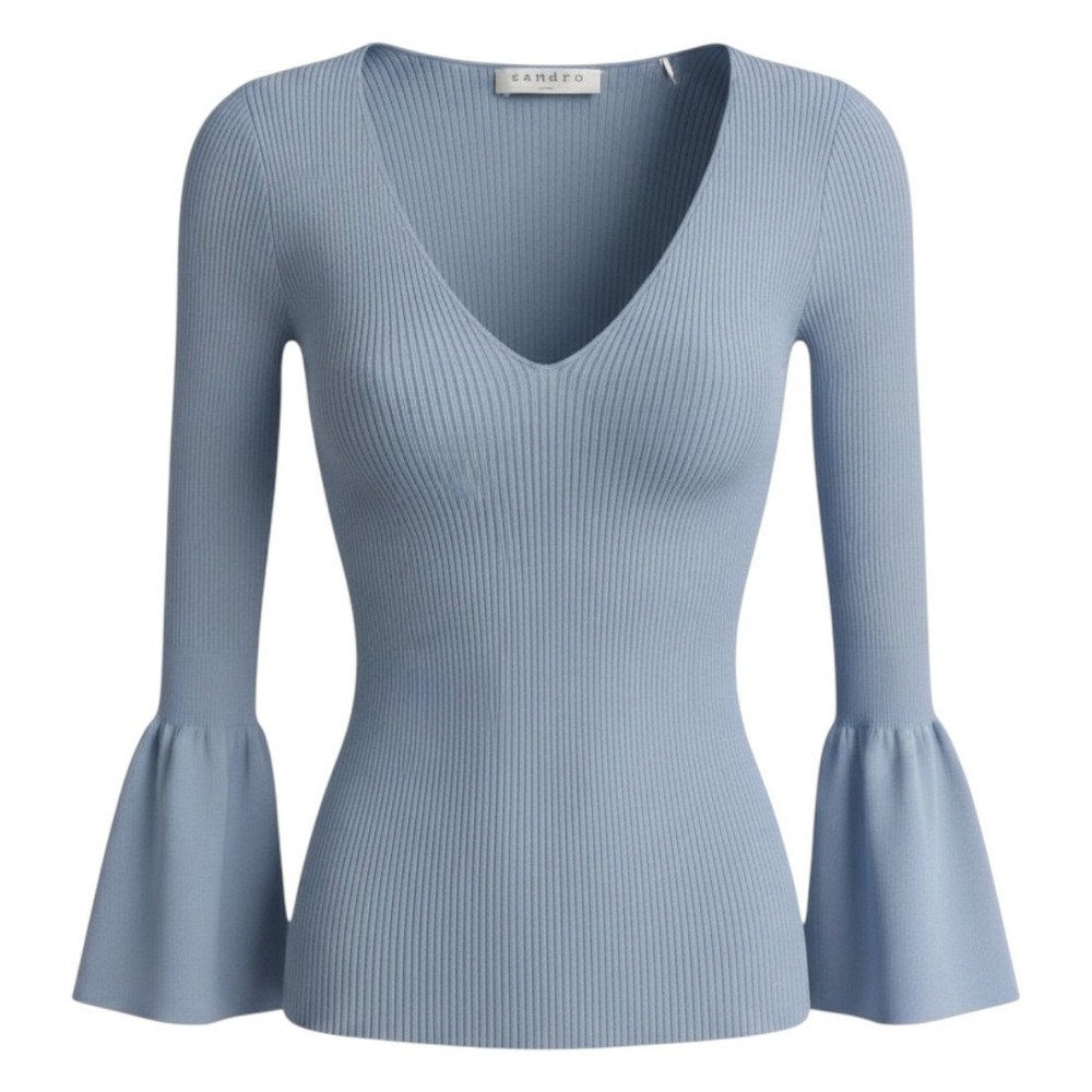 Sandro Ribbed Knit Top Light‎ Blue 1 Small Bell Sleeve Minimalist Office Wear